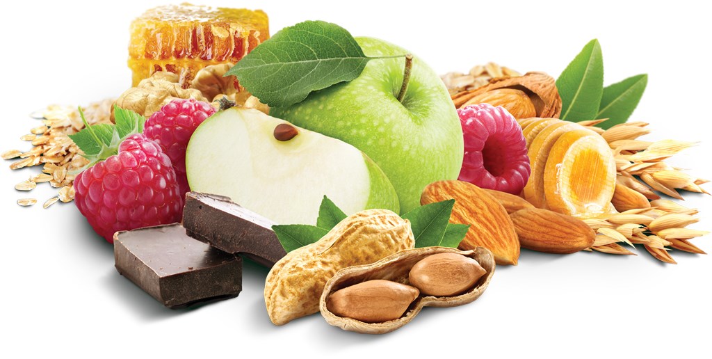 A graphic of a collection of assorted ingredients: honeycomb, oats, wheat, apples, raspberries, almonds, peanuts, and dark chocolate.